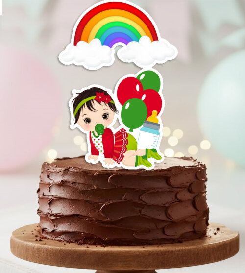 Topo de Bolo Bebe Menina Arco Iris Balao Personalizado