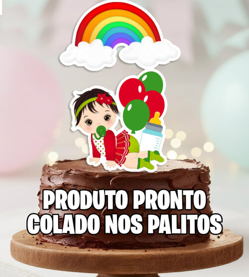 Topo de Bolo Bebe Menina Arco Iris Balao Personalizado