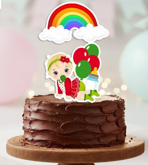 Topo de Bolo Bebe Menina Loira Arco Iris Balao Personalizado