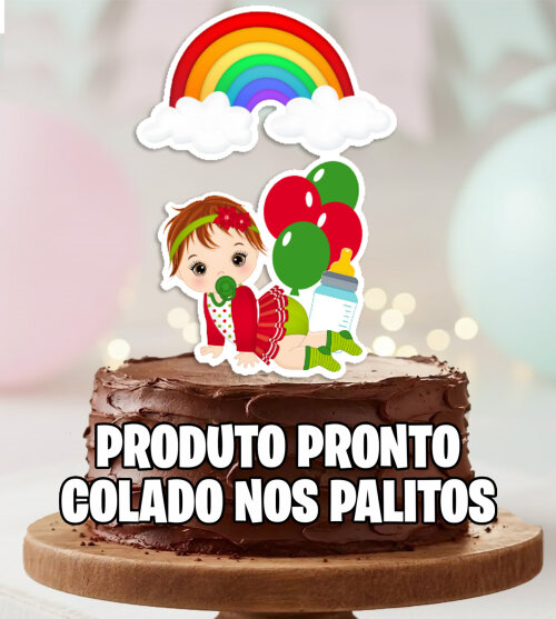 Topo de Bolo Bebe Menina Arco Iris Balao Personalizado