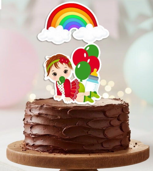 Topo de Bolo Bebe Menina Arco Iris Balao Personalizado