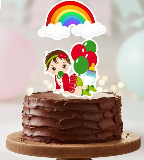Topo de Bolo Bebe Menina Cabelo Castanho Arco Iris Balao Personalizado