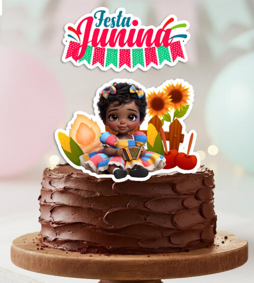 Topo de Bolo Festa Junina Arraia Menina Morena Bebe Personalizado