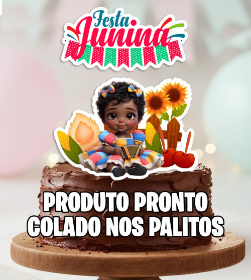 Topo de Bolo Festa Junina Arraia Menina Morena Bebe Personalizado