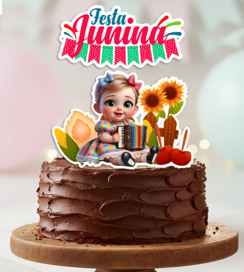 Topo de Bolo Festa Junina Arraia Menina Loirinha Bebe Personalizado