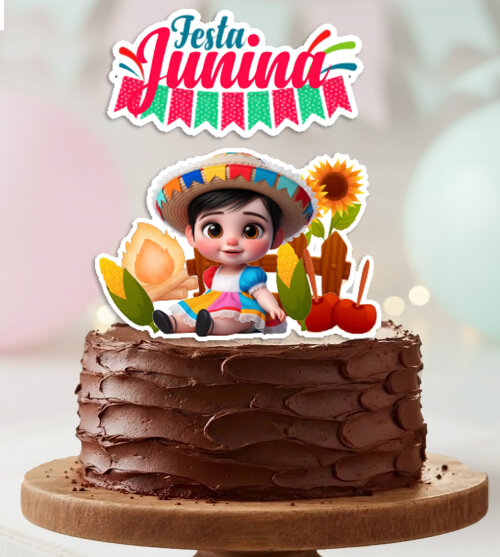 Topo de Bolo Festa Junina Arraia Menina Bebe Personalizado