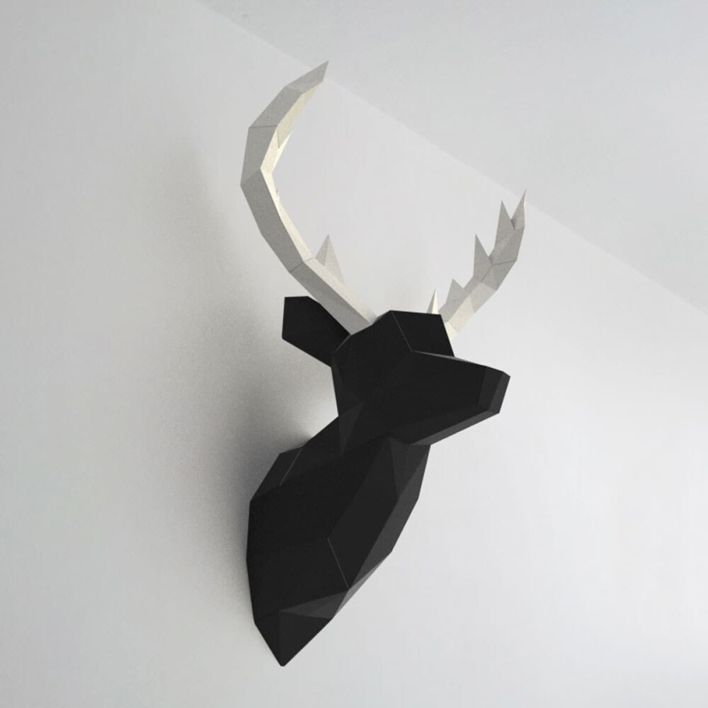 Alce preto com chifre branco – Escultura 3D de Papel para Decor