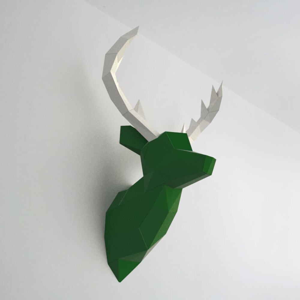 Alce verde com chifre branco – Escultura 3D de Papel para Decor