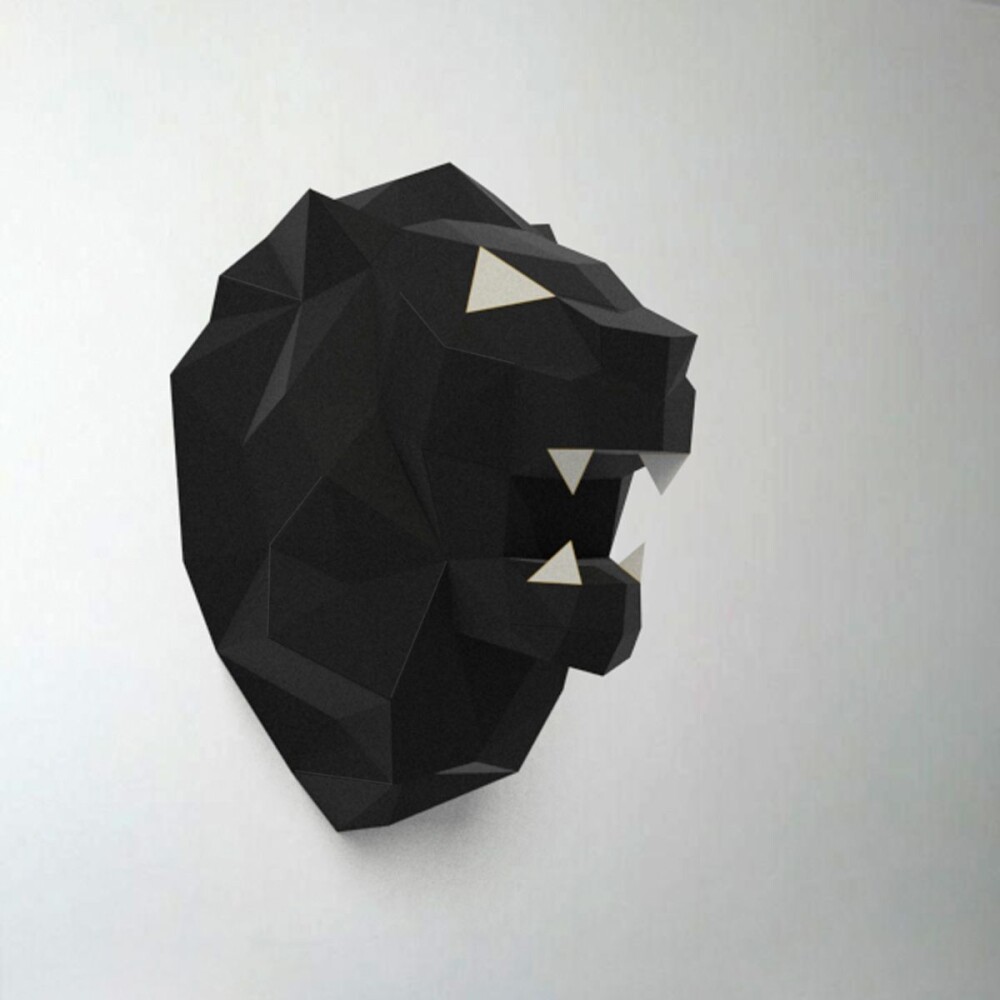 Leão preto e branco – Escultura 3D de Papel para Decoração
