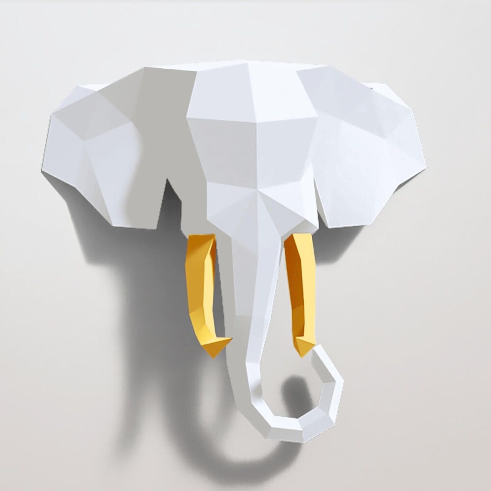 Elefante branco com presas amarelas – Escultura 3D de Papel par