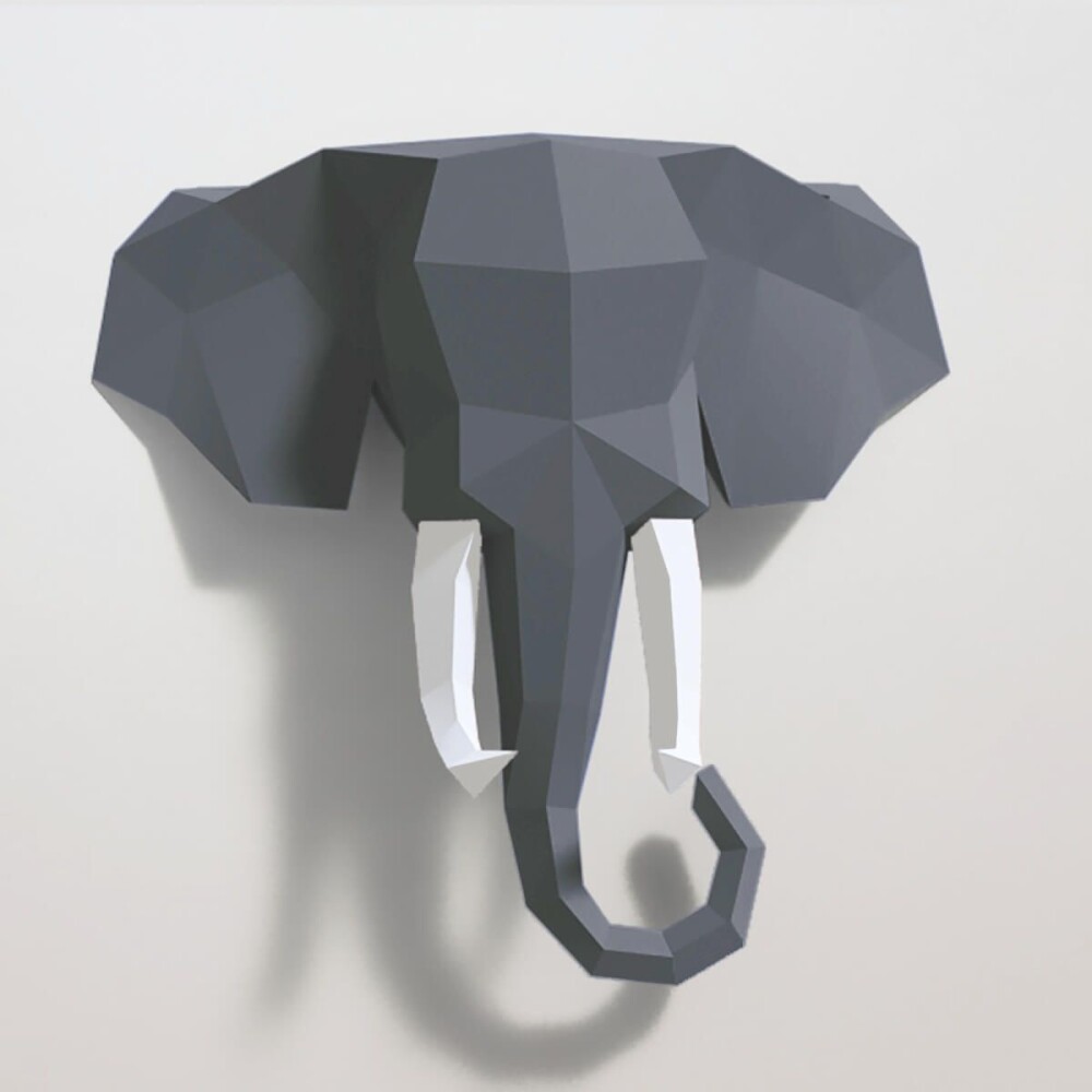 Elefante cinza com presas brancas – Escultura 3D de Papel para