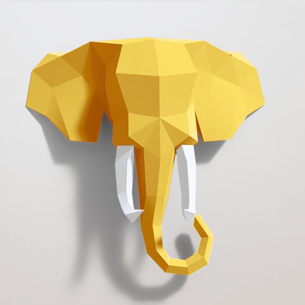 Elefante amarelo com presas brancas – Escultura 3D de Papel par