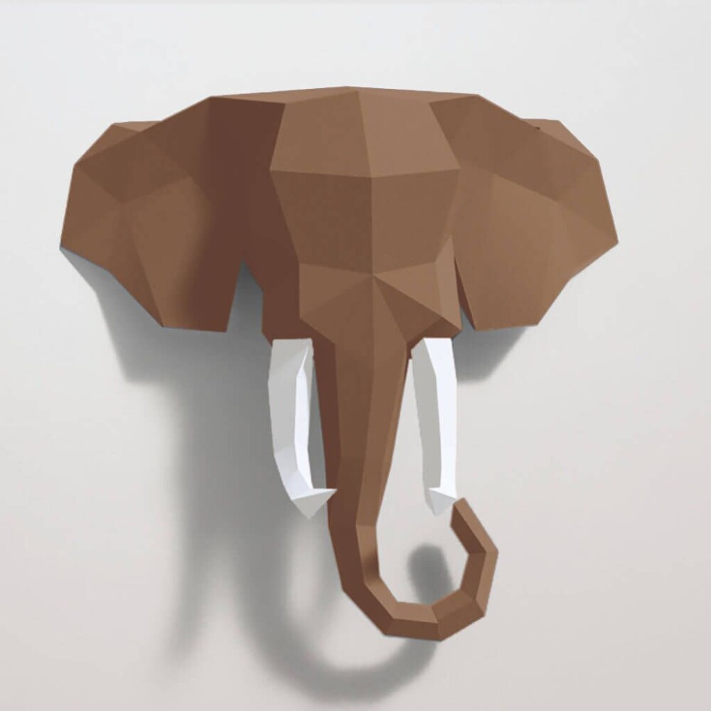 Elefante marrom com presas brancas – Escultura 3D de Papel para