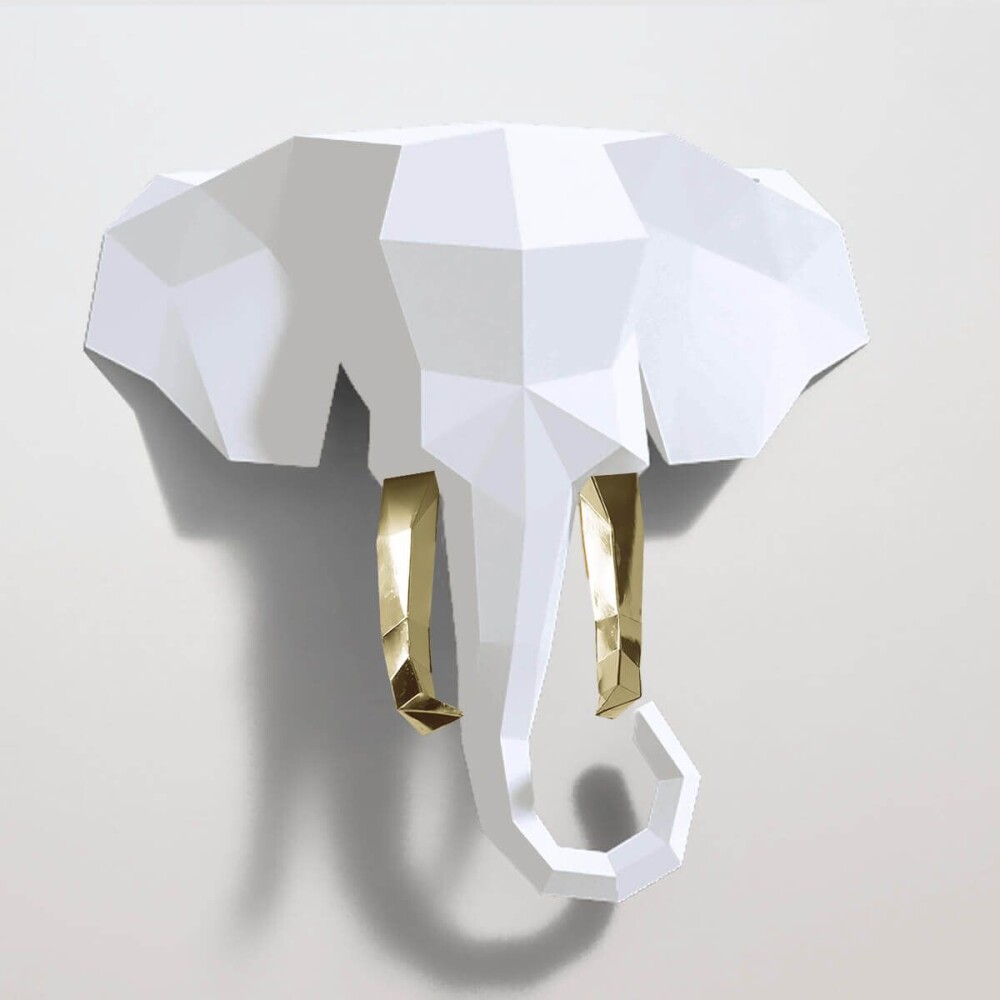 Elefante branco com presas douradas – Escultura 3D de Papel par