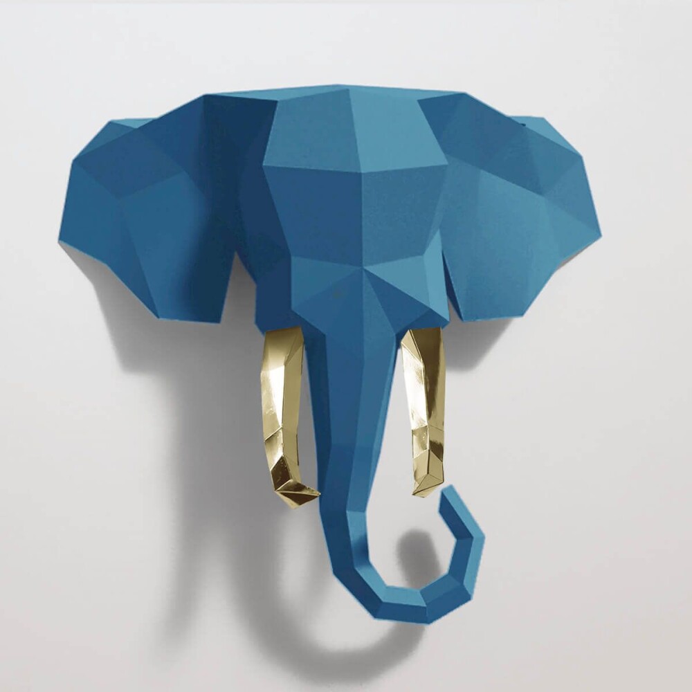 Elefante azul com presas douradas – Escultura 3D de Papel para