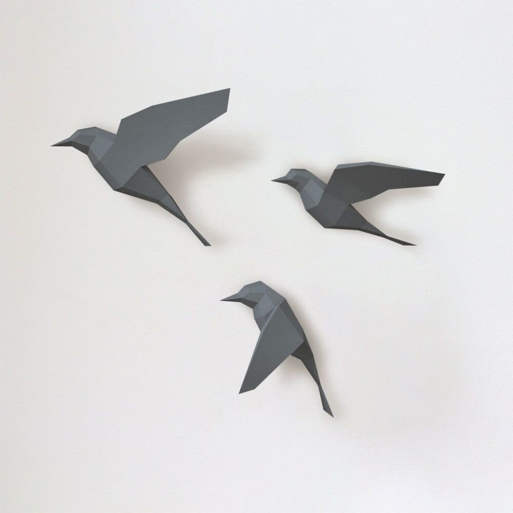 Passarinhos cinzas – Escultura 3D de Papel para Decoração