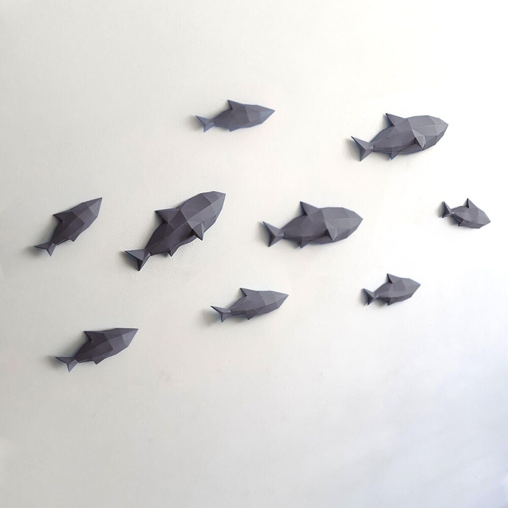 Peixes cinza – Escultura 3D de Papel para Decoração