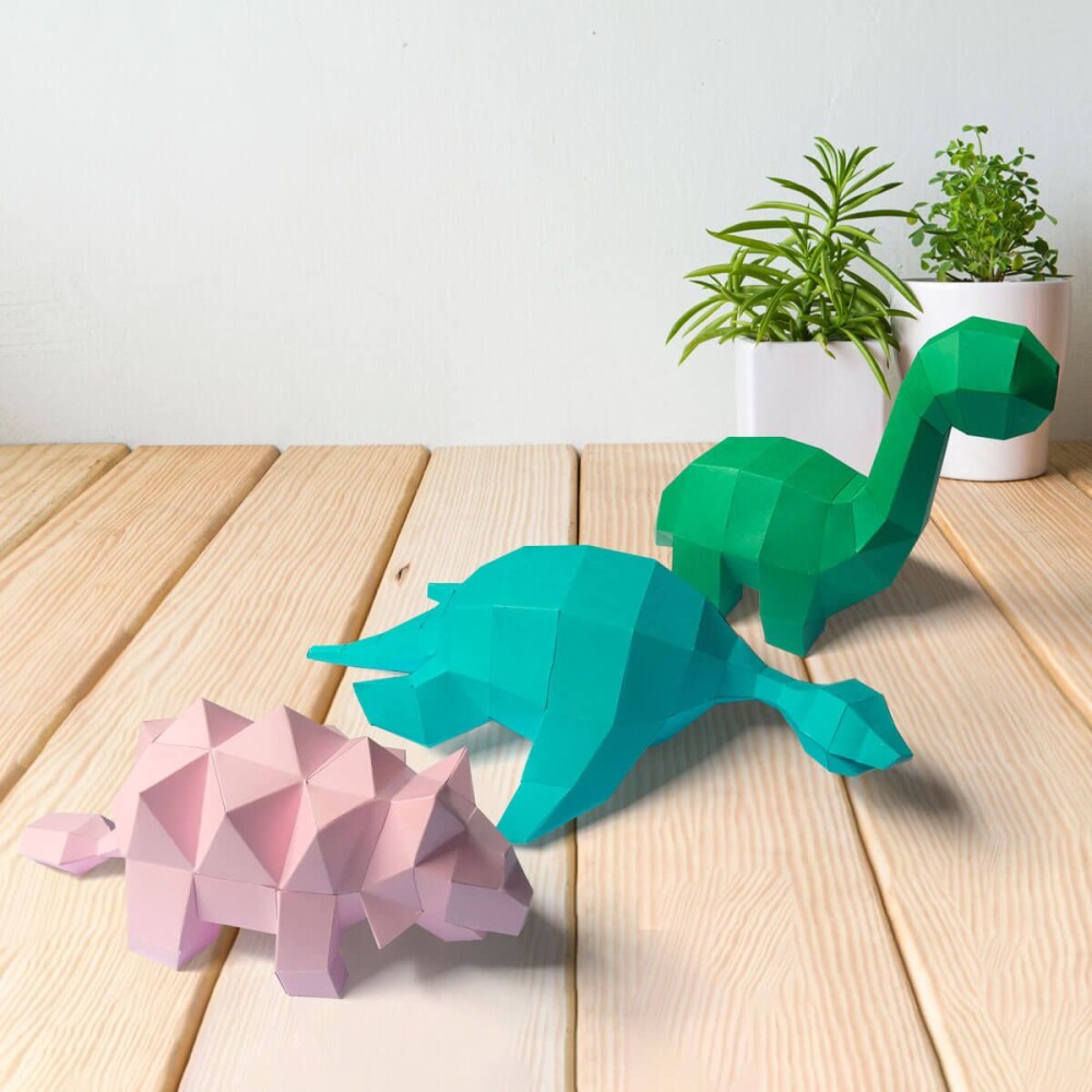 3 Dinossaurinhos coloridos – Escultura 3D de Papel para Decora?