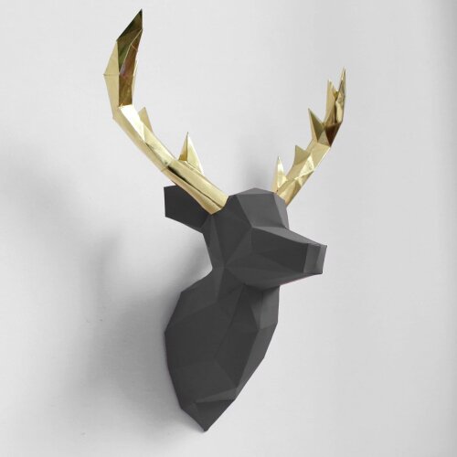 Alce cinza com chifre dourado – Escultura 3D de Papel para Decoração