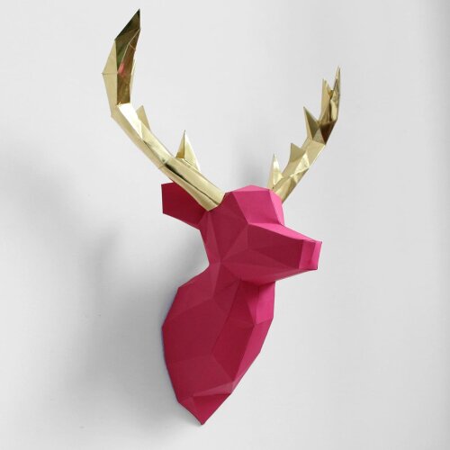 Alce rosa com chifre dourado – Escultura 3D de Papel para Decoração
