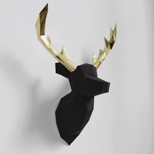 Alce preto com chifre dourado – Escultura 3D de Papel para Decoração