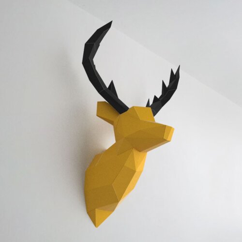 Alce amarelo com chifre preto – Escultura 3D de Papel para Decoração
