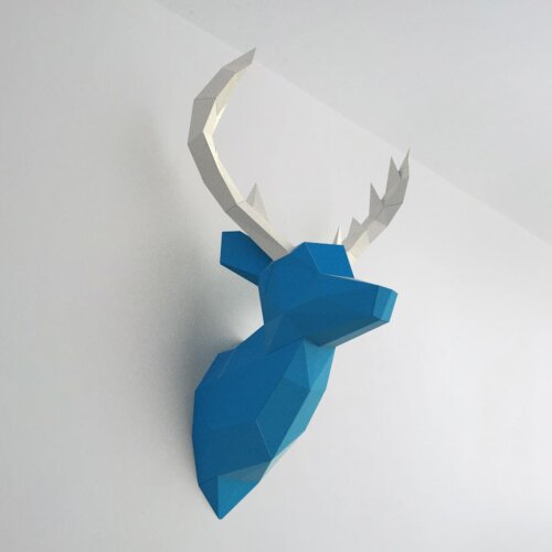 Alce azul com chifre branco – Escultura 3D de Papel para Decoração