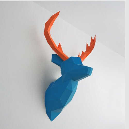 Alce azul com chifre laranja – Escultura 3D de Papel para Decoração