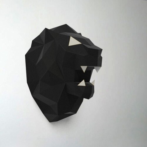 Leão preto e branco – Escultura 3D de Papel para Decoração