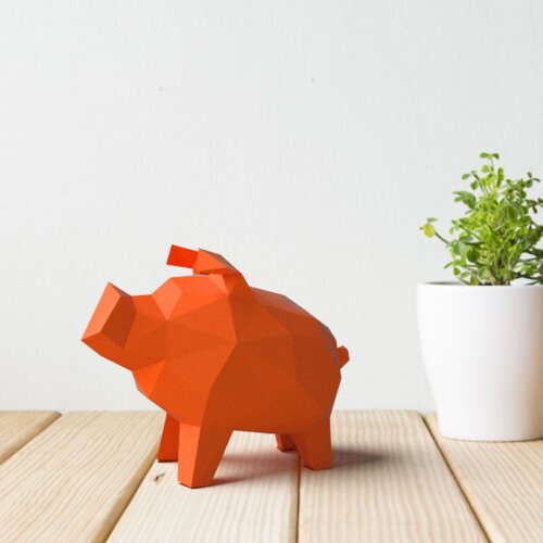 Porquinho laranja – Escultura 3D de Papel para Decoração