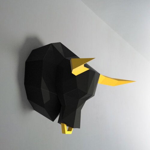 Touro preto com chifre amarelo – Escultura 3D de Papel para Decoração