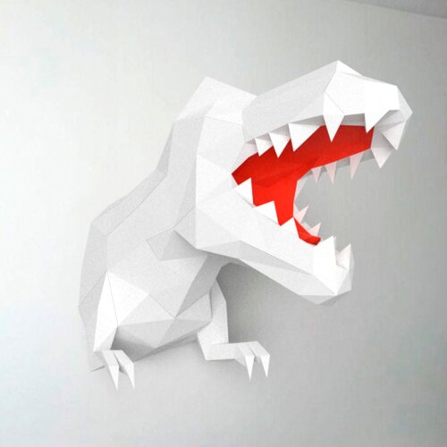 Dinossauro branco e vermelho – Escultura 3D de Papel para Decoração