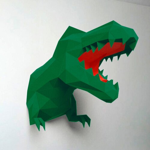 Dinossauro verde e vermelho – Escultura 3D de Papel para Decoração