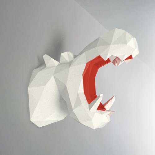 Hipopótamo branco e vermelho – Escultura 3D de Papel para Decoração