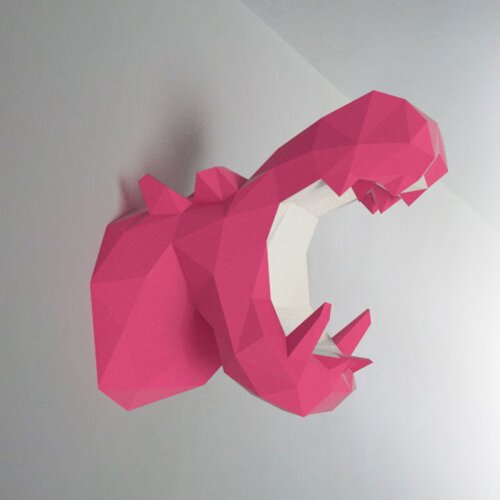 Hipopótamo rosa e branco – Escultura 3D de Papel para Decoração