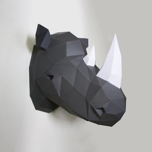 Rinoceronte cinza com chifre branco – Escultura 3D de Papel para Decoração