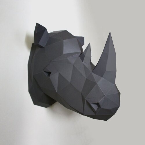 Rinoceronte cinza com chifre cinza – Escultura 3D de Papel para Decoração