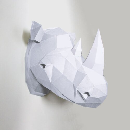 Rinoceronte branco com chifre branco – Escultura 3D de Papel para Decoração
