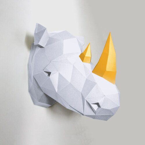 Rinoceronte branco com chifre amarelo – Escultura 3D de Papel para Decoração