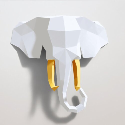 Elefante branco com presas amarelas – Escultura 3D de Papel para Decoração