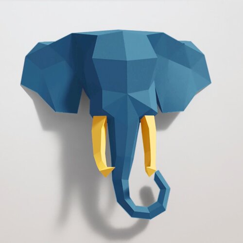 Elefante azul com presas amarelas – Escultura 3D de Papel para Decoração