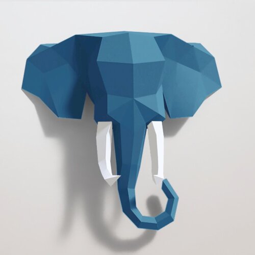Elefante azul com presas brancas – Escultura 3D de Papel para Decoração