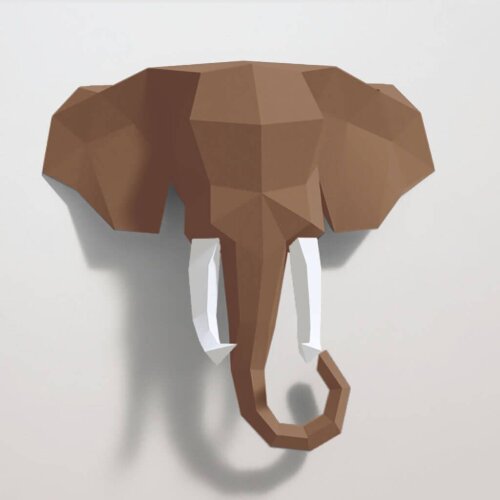 Elefante marrom com presas brancas – Escultura 3D de Papel para Decoração