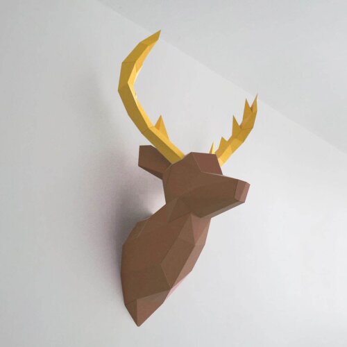 Alce marrom com chifre amarelo – Escultura 3D de Papel para Decoração