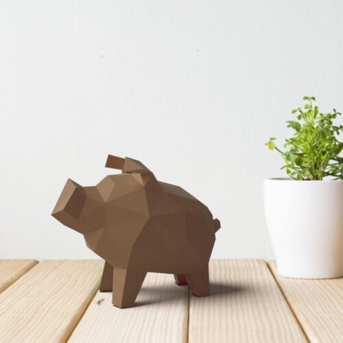 Porquinho marrom – Escultura 3D de Papel para Decoração