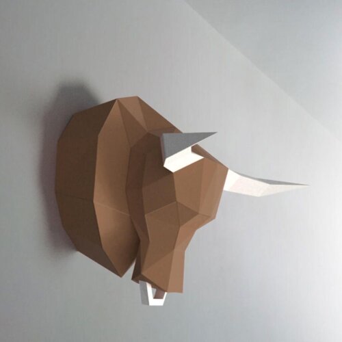 Touro marrom com chifre branco – Escultura 3D de Papel para Decoração