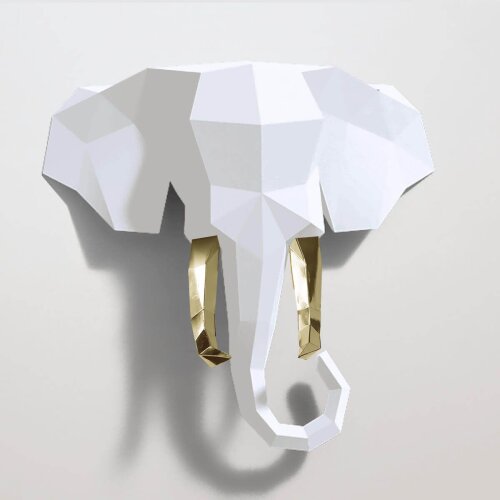 Elefante branco com presas douradas – Escultura 3D de Papel para Decoração