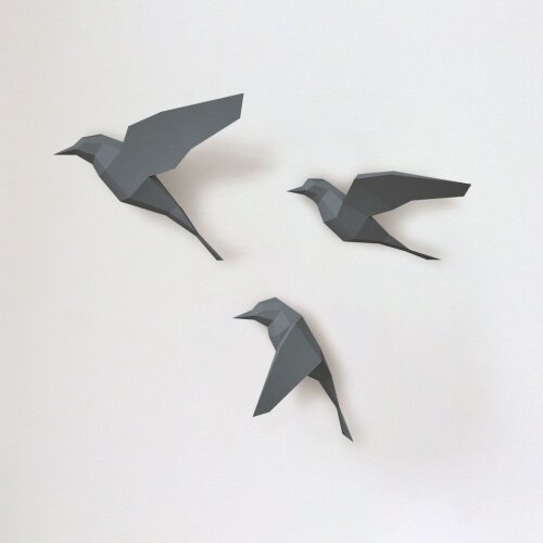 Passarinhos cinzas – Escultura 3D de Papel para Decoração