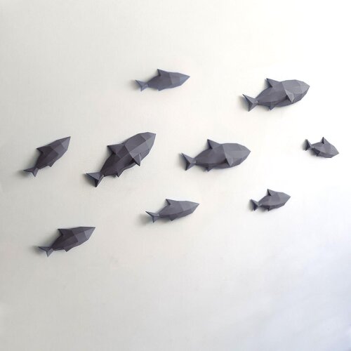 Peixes cinza – Escultura 3D de Papel para Decoração