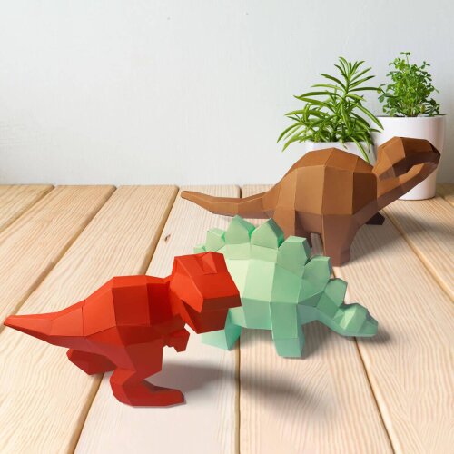 3 Dinossaurinhos coloridos – Escultura 3D de Papel para Decoração